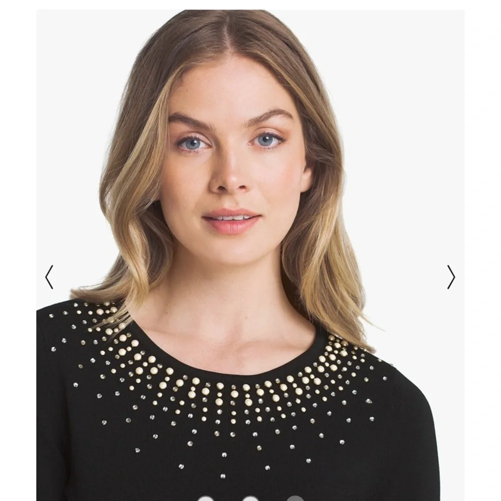 NWT White House Black Market Faux Pearl sparkle Neck LP pullover black sweater